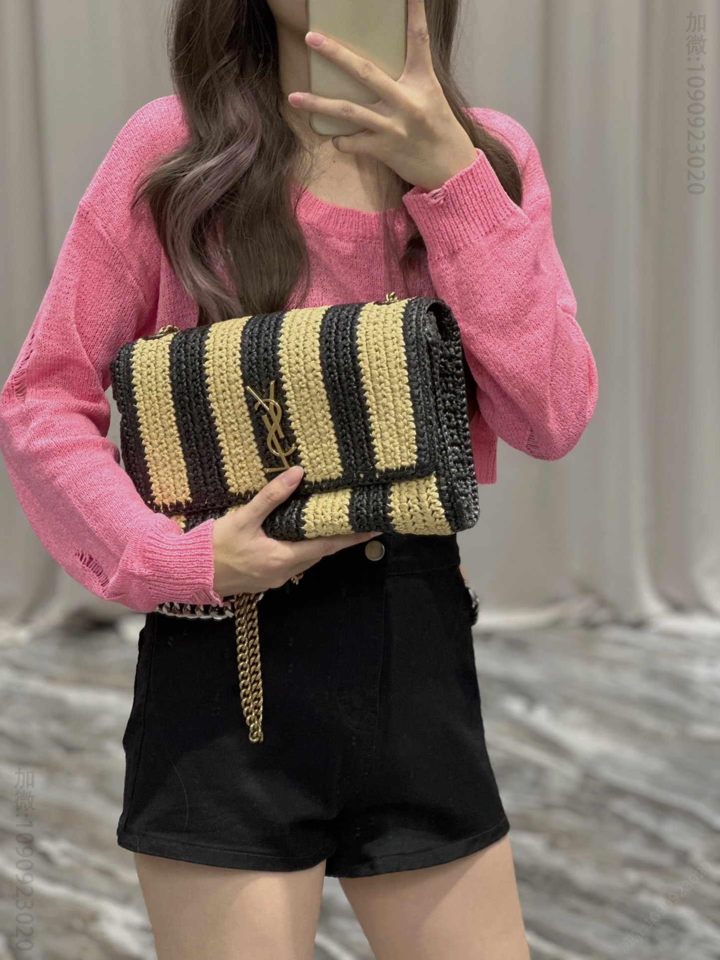 原单圣罗兰女包 YSL Kate 圣罗兰拉菲草编工艺链条包 黑杏条纹 553804