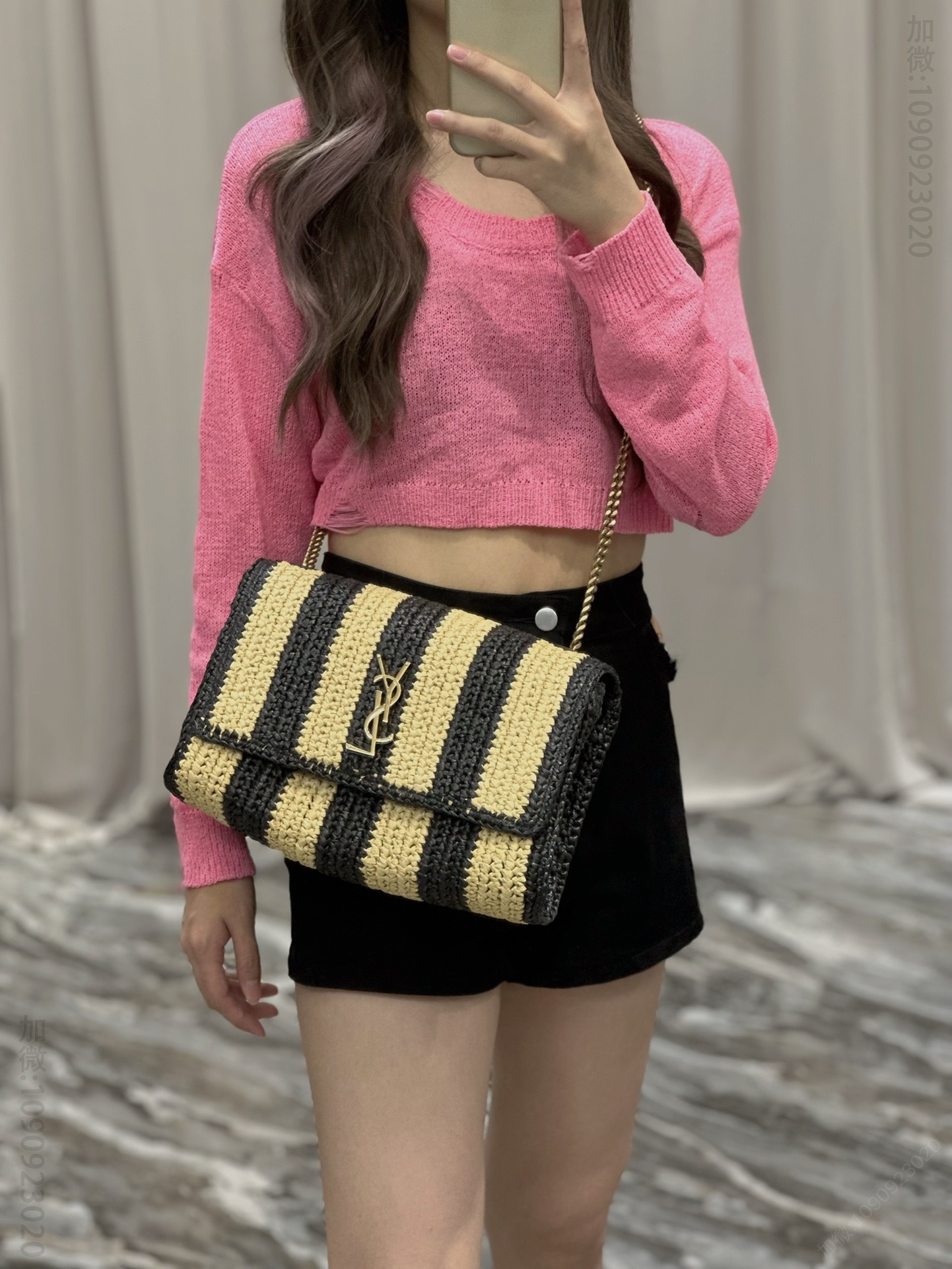 原单圣罗兰女包 YSL Kate 圣罗兰拉菲草编工艺链条包 黑杏条纹 553804