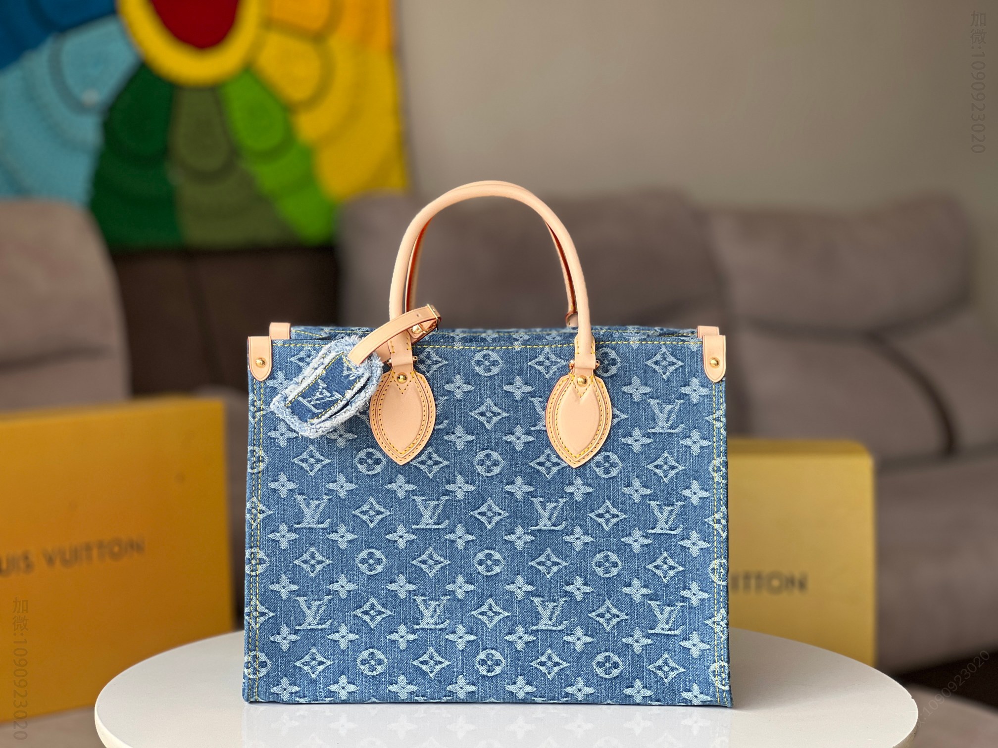 路易威登蓝色牛仔 丹宁四方包系列 LV Onthego 中号手袋 Fake LV bags M46871