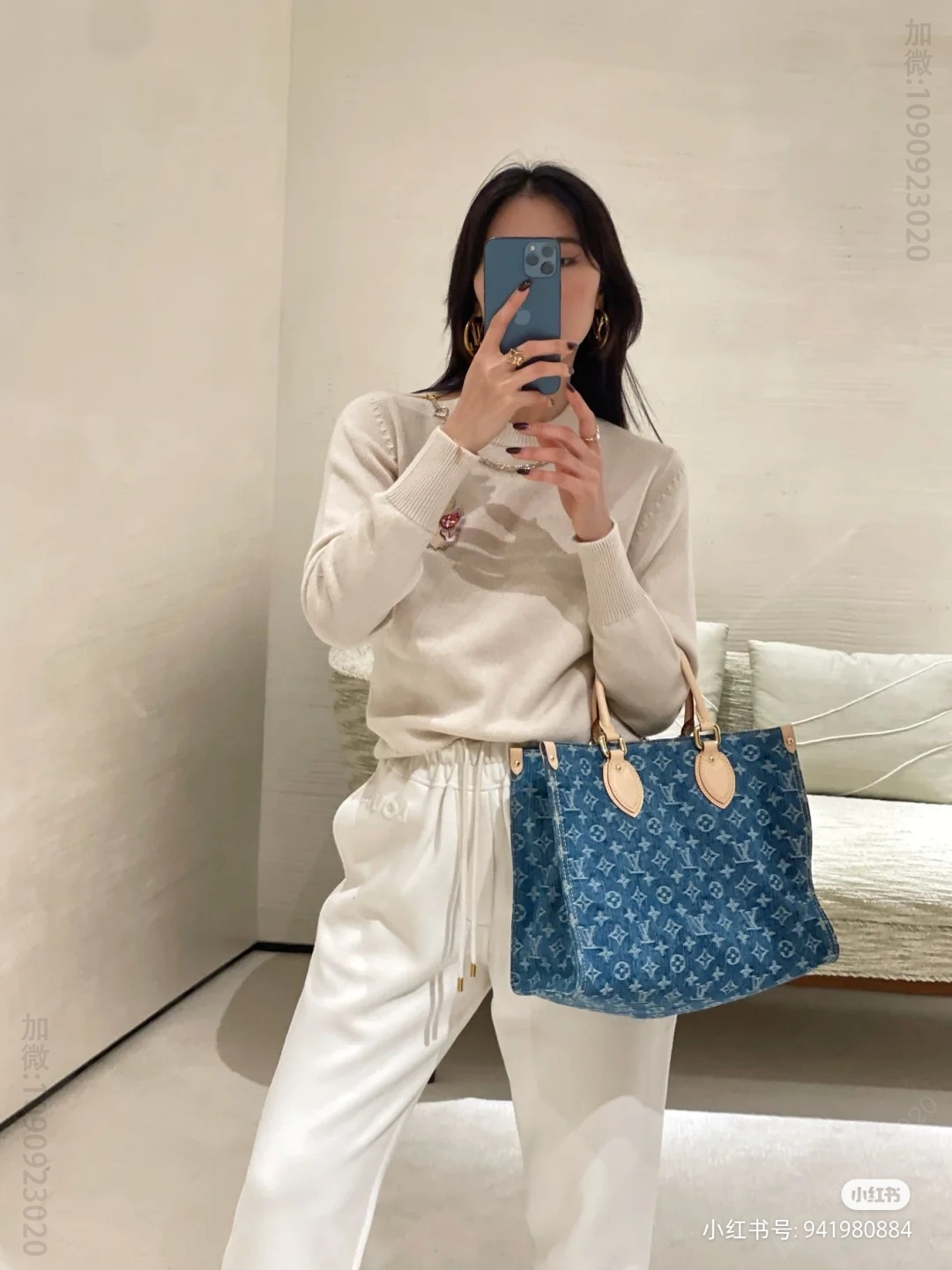 路易威登蓝色牛仔 丹宁四方包系列 LV Onthego 中号手袋 Fake LV bags M46871