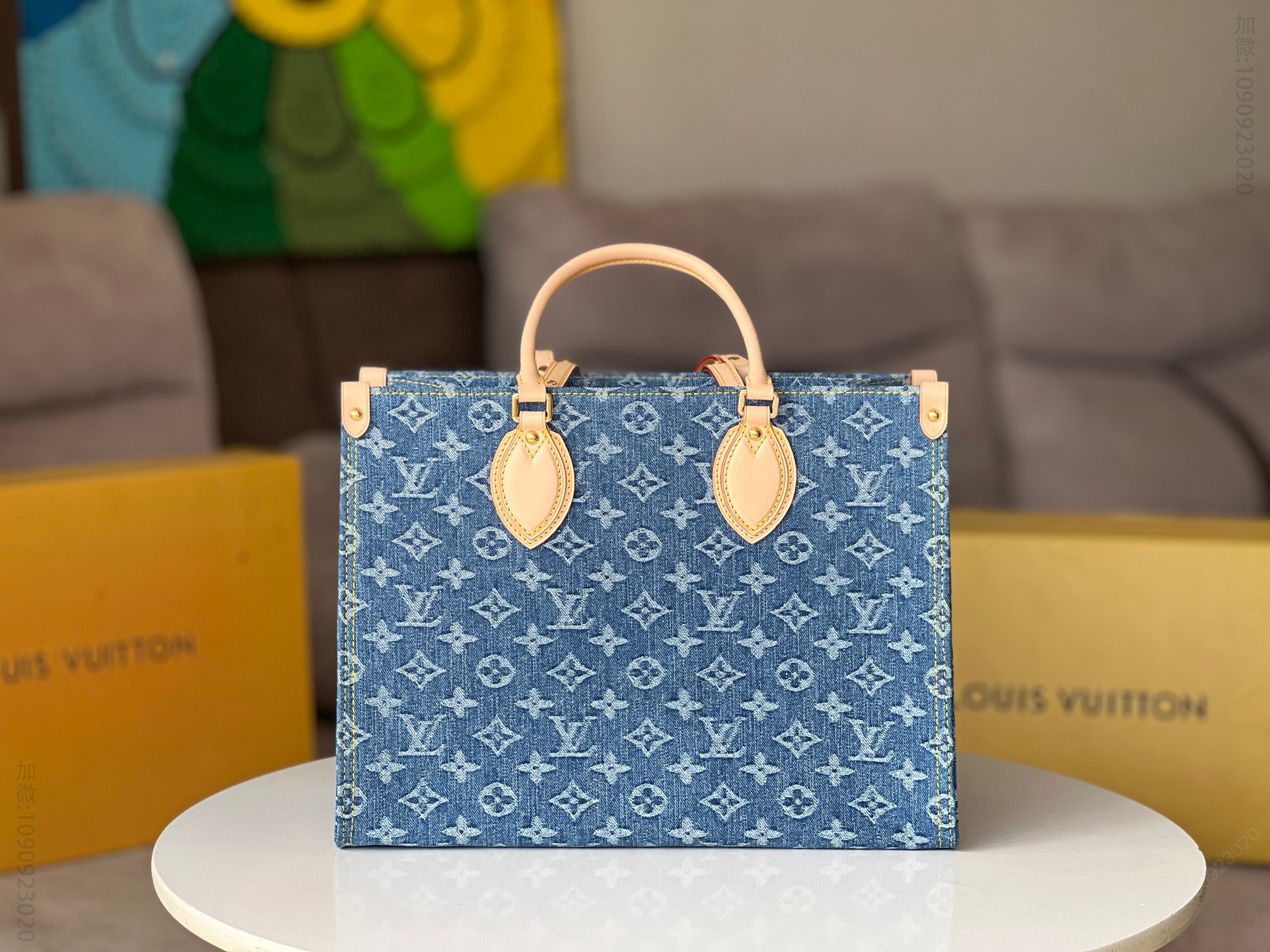 路易威登蓝色牛仔 丹宁四方包系列 LV Onthego 中号手袋 Fake LV bags M46871