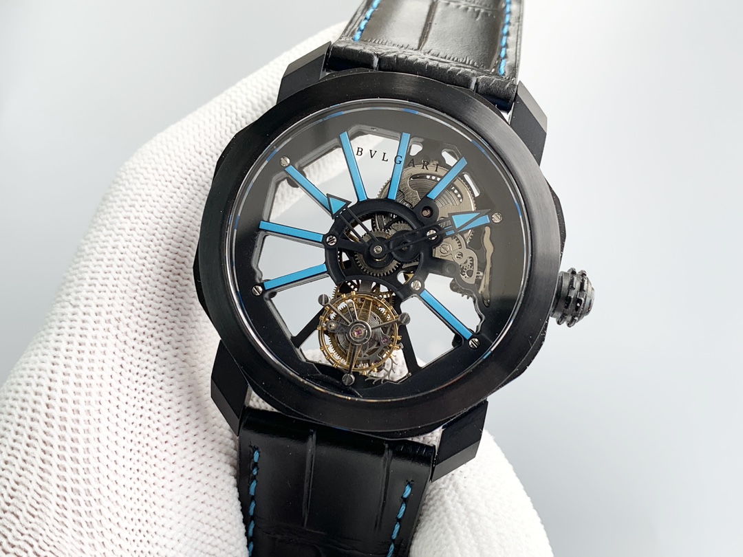 高仿宝格丽手表 AX-宝格丽102910 OCTO系列最新款蓝色绿色白色光柱陀飞轮腕表 