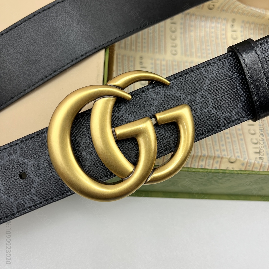 原版古驰皮带 GUCCI Supreme高级人造帆布 黑色皮革滚边，搭配双G带金扣腰带 