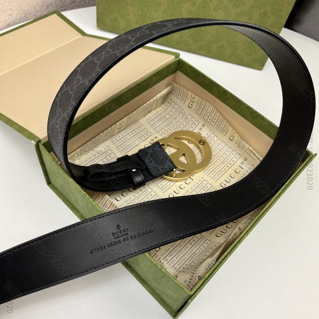 原版古驰皮带 GUCCI Supreme高级人造帆布 黑色皮革滚边，搭配双G带金扣腰带 