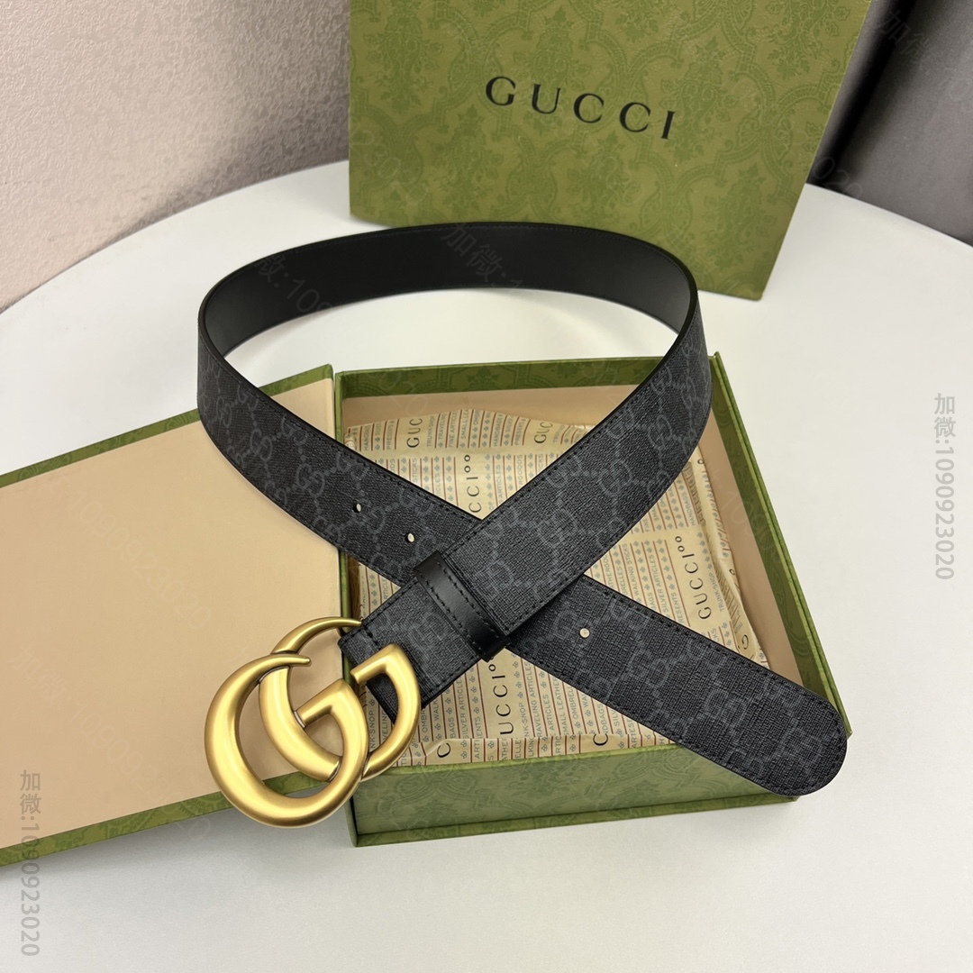 原版古驰皮带 GUCCI Supreme高级人造帆布 黑色皮革滚边，搭配双G带金扣腰带 