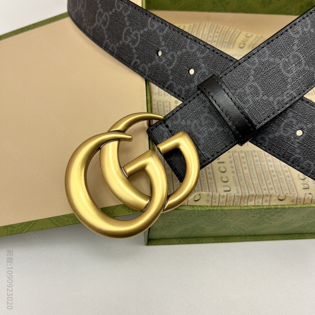 原版古驰皮带 GUCCI Supreme高级人造帆布 黑色皮革滚边，搭配双G带金扣腰带 