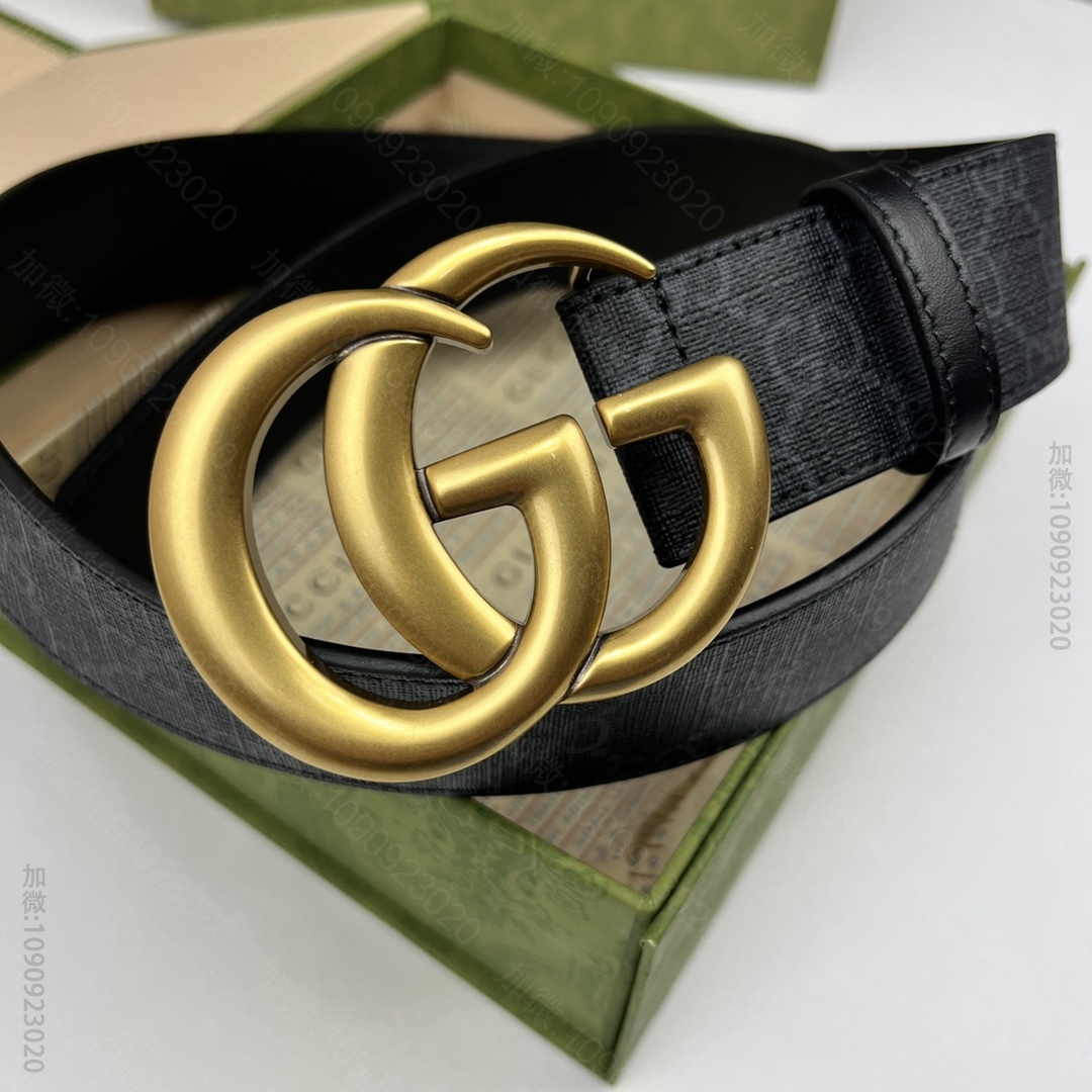 原版古驰皮带 GUCCI Supreme高级人造帆布 黑色皮革滚边，搭配双G带金扣腰带 