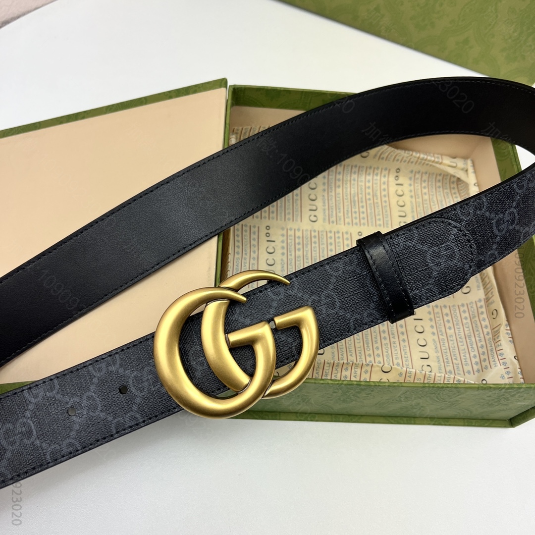 原版古驰皮带 GUCCI Supreme高级人造帆布 黑色皮革滚边，搭配双G带金扣腰带 