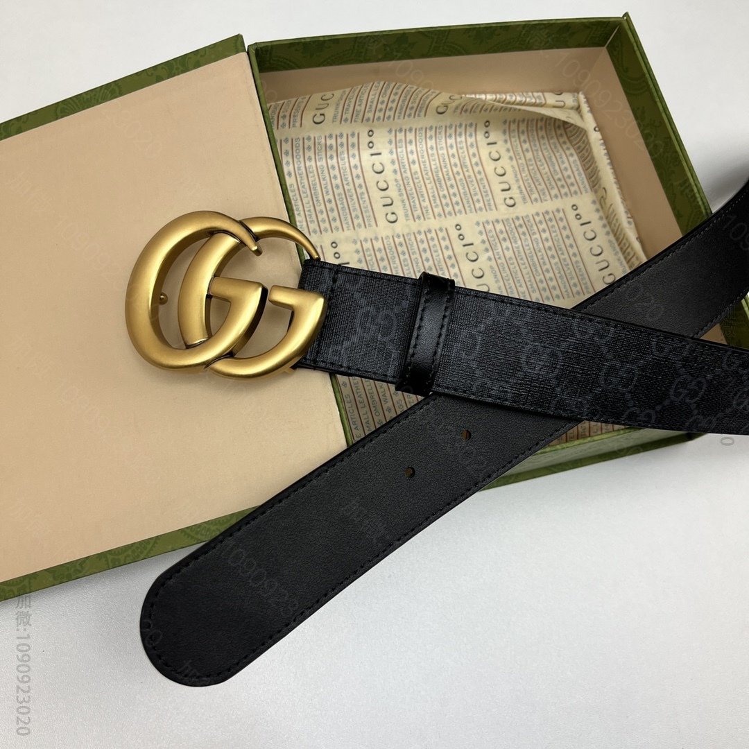 原版古驰皮带 GUCCI Supreme高级人造帆布 黑色皮革滚边，搭配双G带金扣腰带 