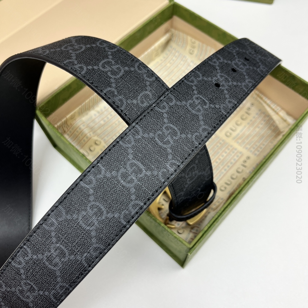 原版古驰皮带 GUCCI Supreme高级人造帆布 黑色皮革滚边，搭配双G带金扣腰带 
