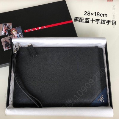 P家男士十字纹手包，黑色配宝蓝斜角，元单品质 高仿普拉达女士钱包 精仿普拉达手抓包 原版普拉达钱夹 A货普拉达钱包 原单经典款普拉达钱包
