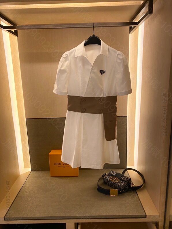 PRADA 假两件 精梳棉 短袖双排扣新款连衣裙