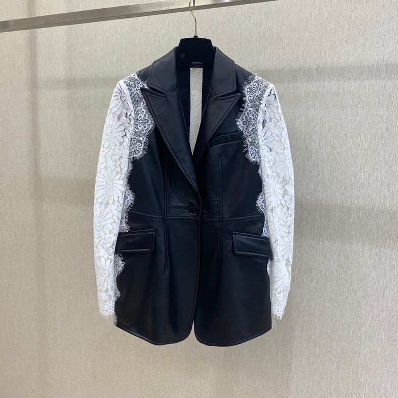 AlexandeMcQueen 麦昆20秋冬新款女装黑白蕾丝拼接皮衣外套