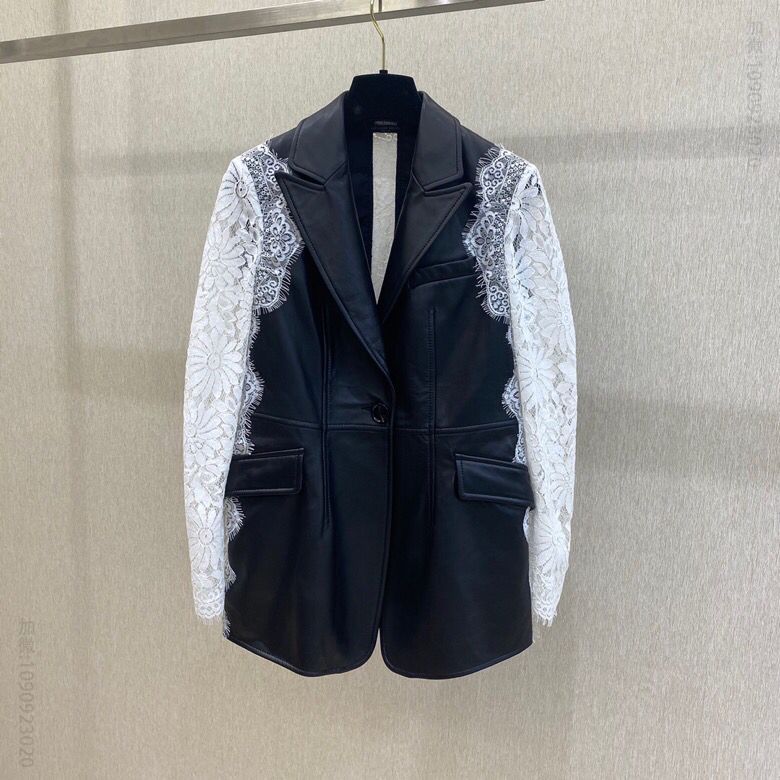 AlexandeMcQueen 麦昆20秋冬新款女装黑白蕾丝拼接皮衣外套