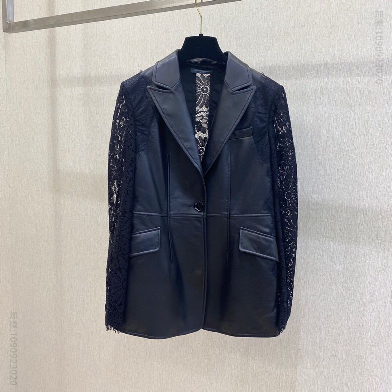 AlexandeMcQueen 麦昆20秋冬新款女装黑白蕾丝拼接皮衣外套