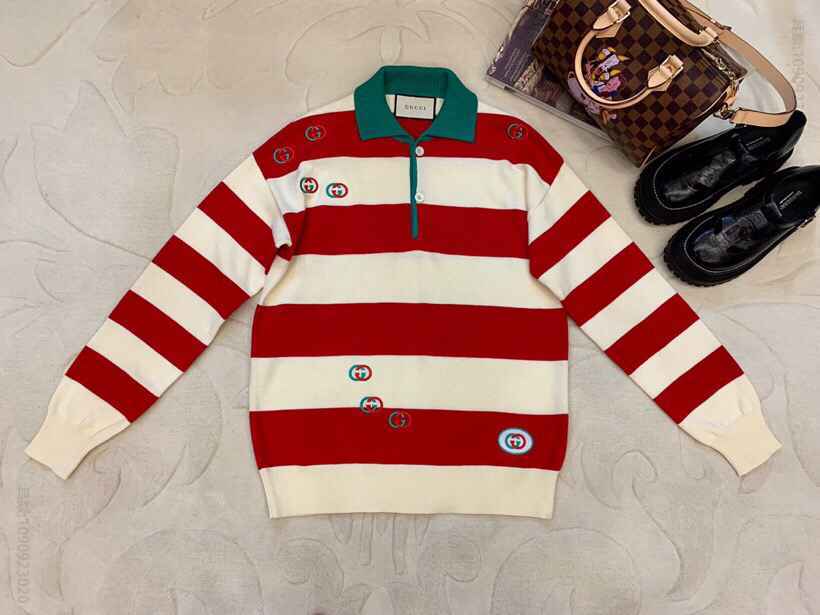 GUCCI 2023早秋专柜同步经典复古粗条纹polo领针织上衣