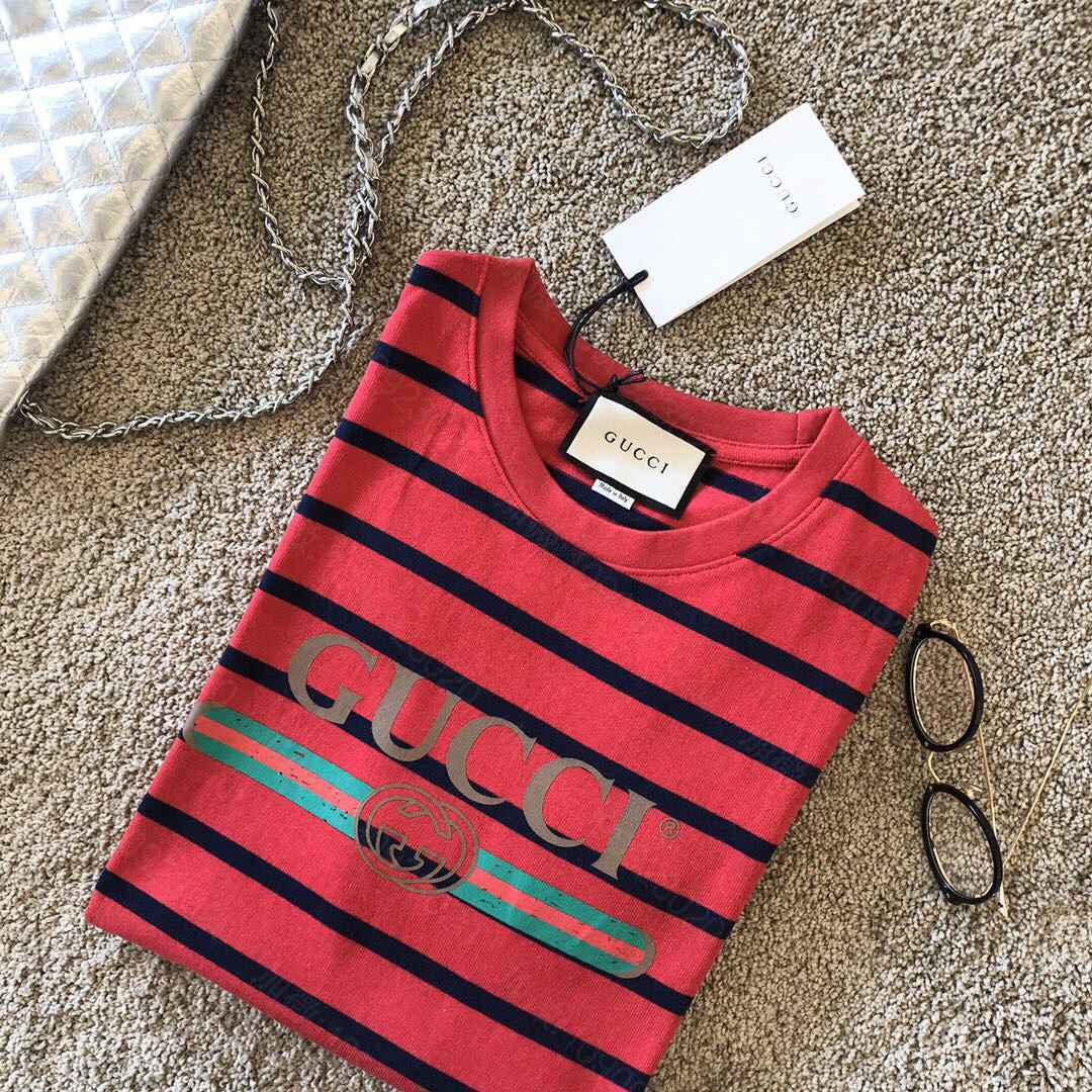 古驰女装短袖 代购级别！Gucci 2023早‎春新款‎！G经典‎之作‎皮带印花条‎纹T恤 原单古奇短袖 