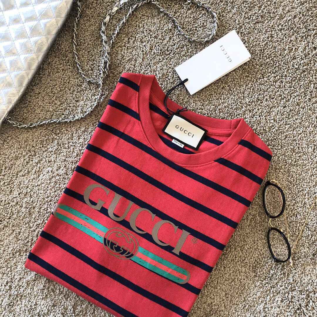 古驰女装短袖 代购级别！Gucci 2023早‎春新款‎！G经典‎之作‎皮带印花条‎纹T恤 原单古奇短袖