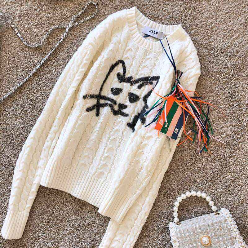 MSGM 20ss新款羊毛衫涂鸦猫咪图案毛衣