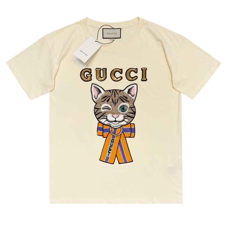 新品上市Gucci 2023FW 早春水溶刺绣猫咪T恤！珠片绣字母