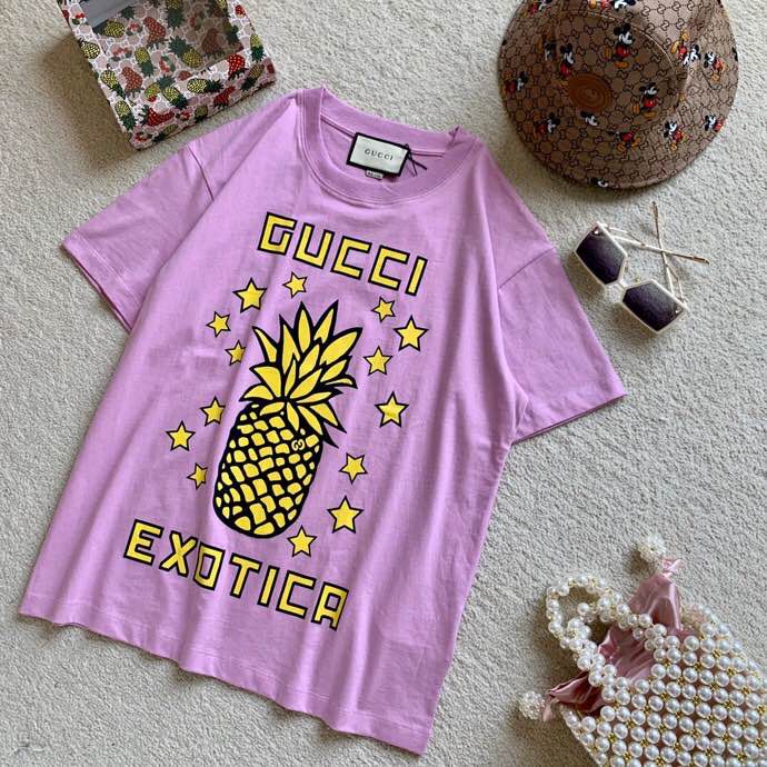 古驰男装短袖T恤 Gucci 2023SS限定款骚粉金色小菠萝T恤 高仿古驰短袖T恤 