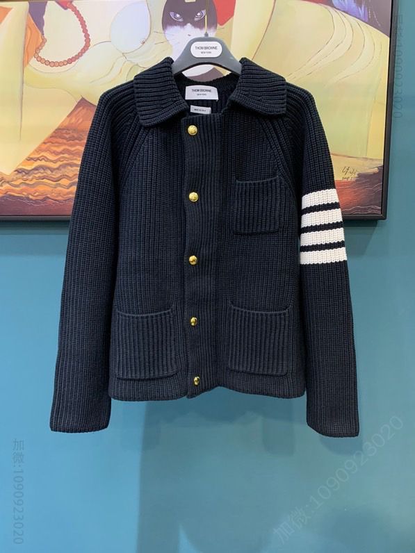 thom browne/汤姆布朗 2023春夏 深蓝色男款针织进口口袋条纹夹克