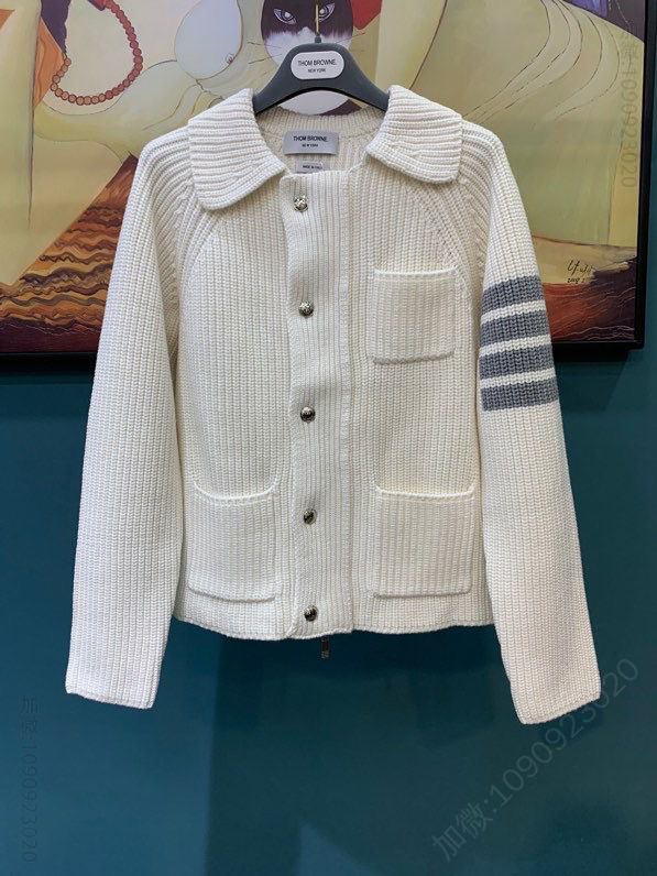 thom browne/汤姆布朗 2023春夏 深蓝色男款针织进口口袋条纹夹克