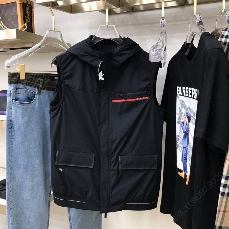 PRAD 男装马甲2023男士时尚运动休闲连帽背心夹克外套