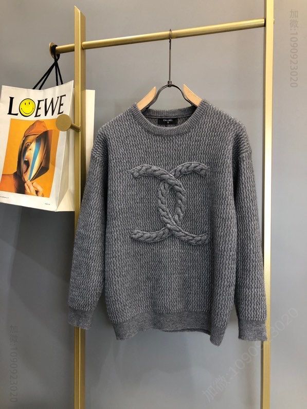 Chanel 2023FW粗线羊绒麻花logo圆领套头针织毛衣