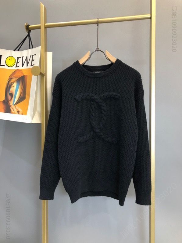 Chanel 2023FW粗线羊绒麻花logo圆领套头针织毛衣