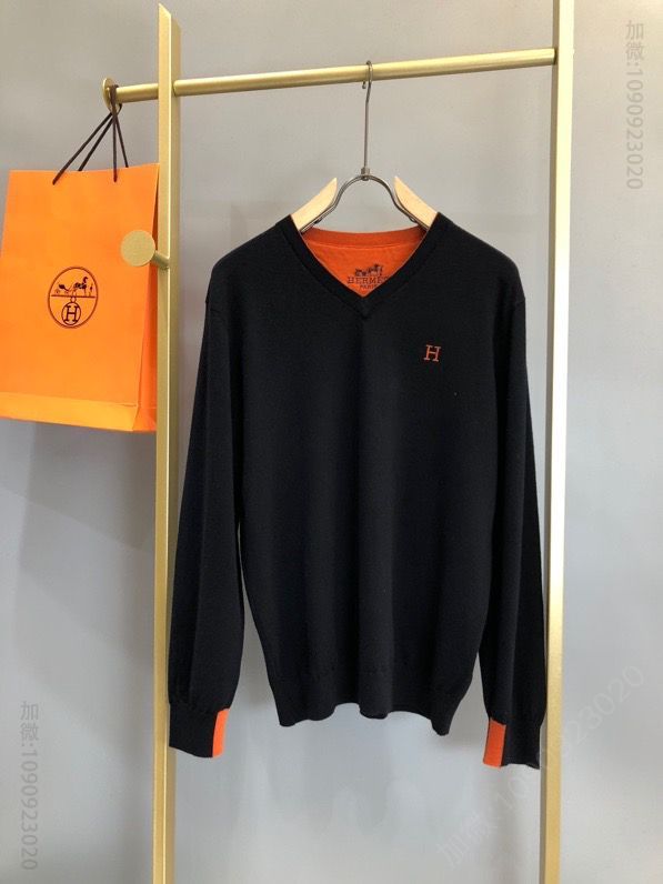 Hermes 20秋冬系列 经典H小刺绣V领拼色羊毛衫