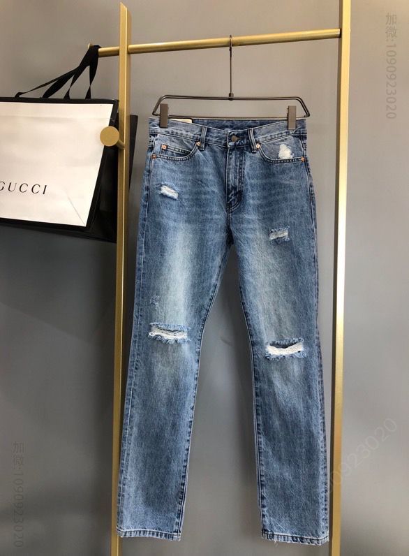 GUCCI 2023FW重工破洞直筒牛仔裤