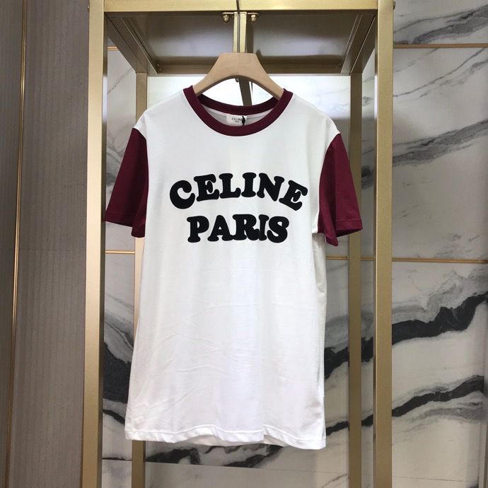 Celine/赛琳2023春夏新款拼色植绒字母短袖T恤