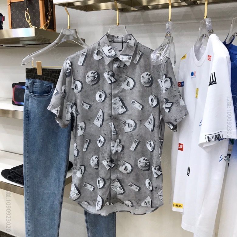 DIOR 灰色科技帆布 印花短袖衬衫