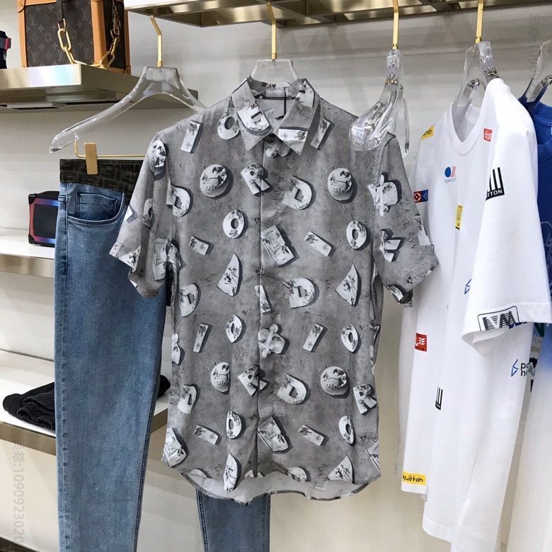 DIOR 灰色科技帆布 印花短袖衬衫