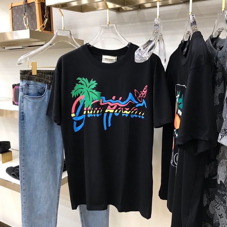 古驰男装短袖T恤 Gucc Hawaii印花棕榈树冲浪者五彩斑短袖 高仿古驰短袖T恤 