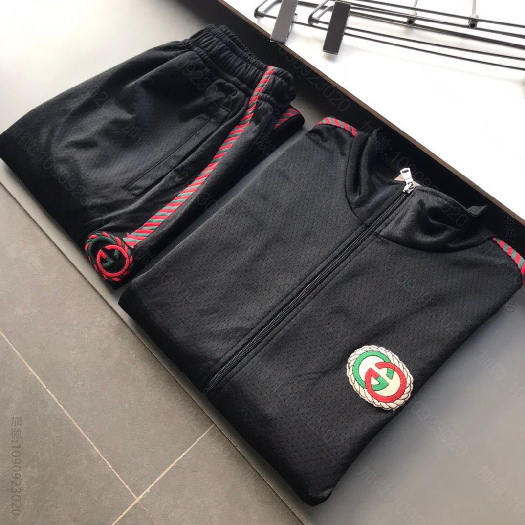 套装gucci新款独家出品 黑色编织镶边运动开衫拉链，松紧抽绳腰部套装