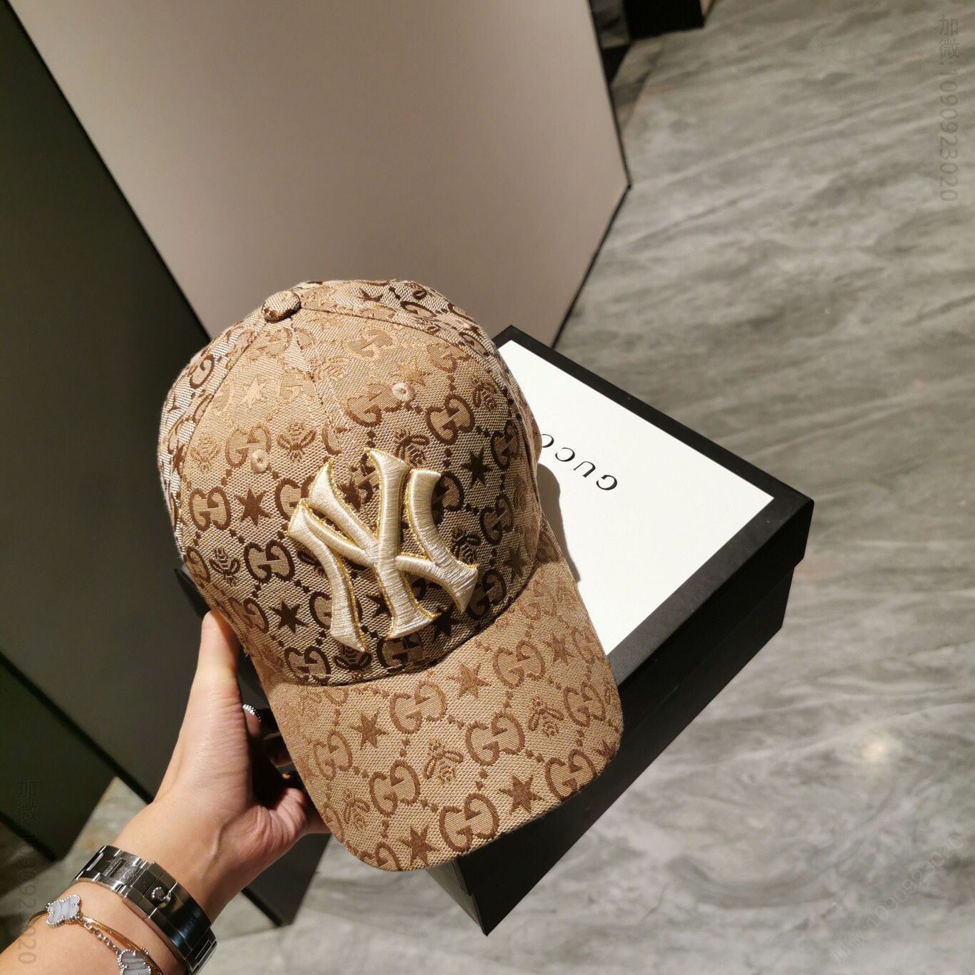 GUCCI古奇原版牛仔布料+头层牛皮双G牛仔提花棒球帽鸭舌帽