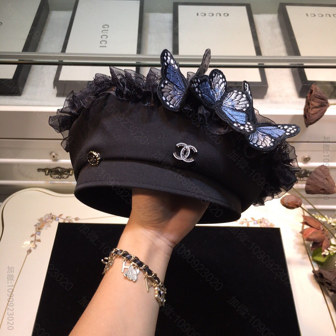 CHANEL香奈儿蕾丝花边点缀立体蝴蝶贝雷帽