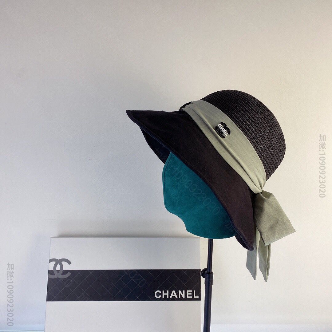 CHANEL香奈儿2023新款拼接款蝴蝶结草编盆帽草帽