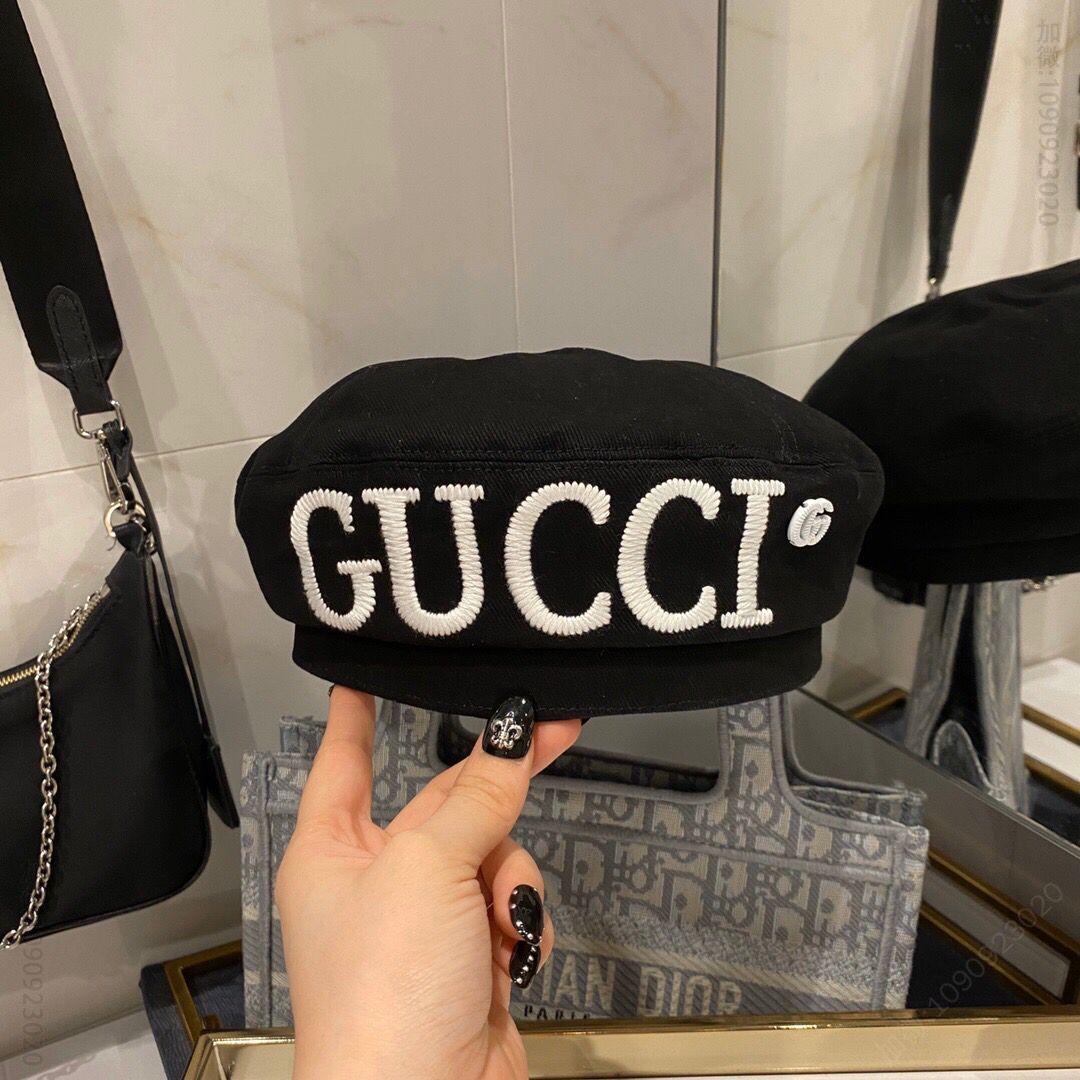 GUCCI古奇斜纹棉布刺绣字母贝雷帽