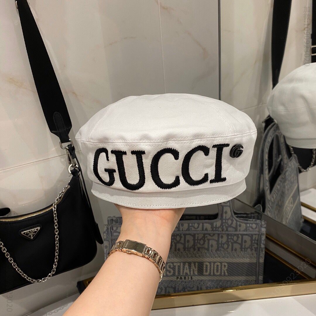 GUCCI古奇斜纹棉布刺绣字母贝雷帽