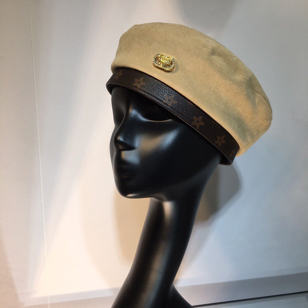 原版LV女士帽子 LV路易威登老花皮拼接灯芯绒贝雷帽 原版LV帽子货源 