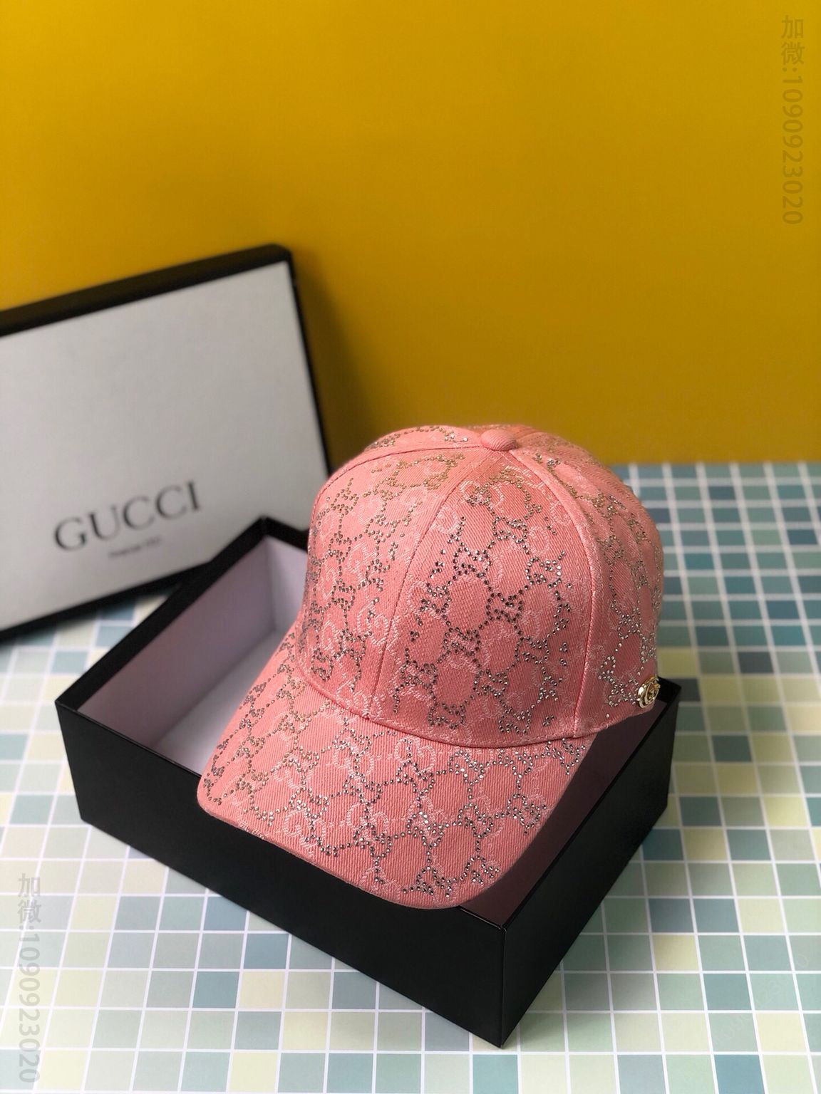 GUCCI古驰金属LOGO全帽烫钻棒球帽