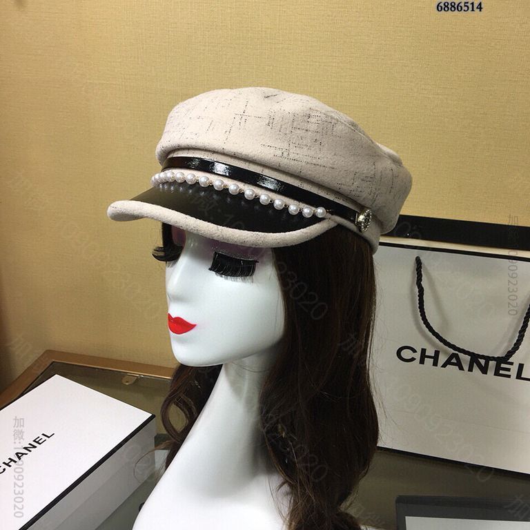 CHANEL香奈儿2023新款羊毛珍珠链条军帽