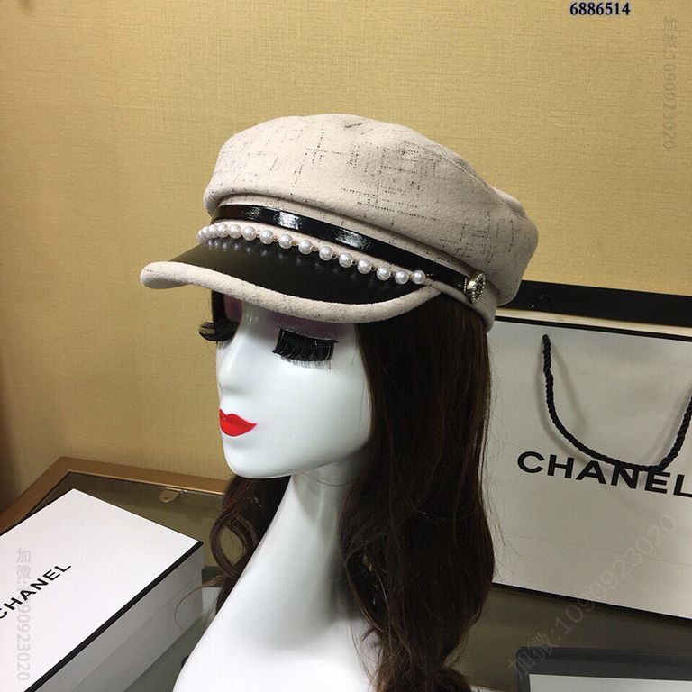 CHANEL香奈儿2023新款羊毛珍珠链条军帽