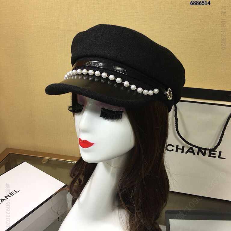 CHANEL香奈儿2023新款羊毛珍珠链条军帽