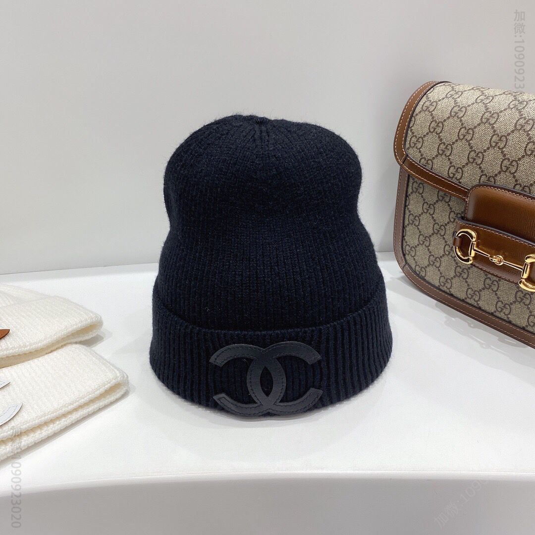CHANEL香奈儿皮标刺绣logo针织毛线帽