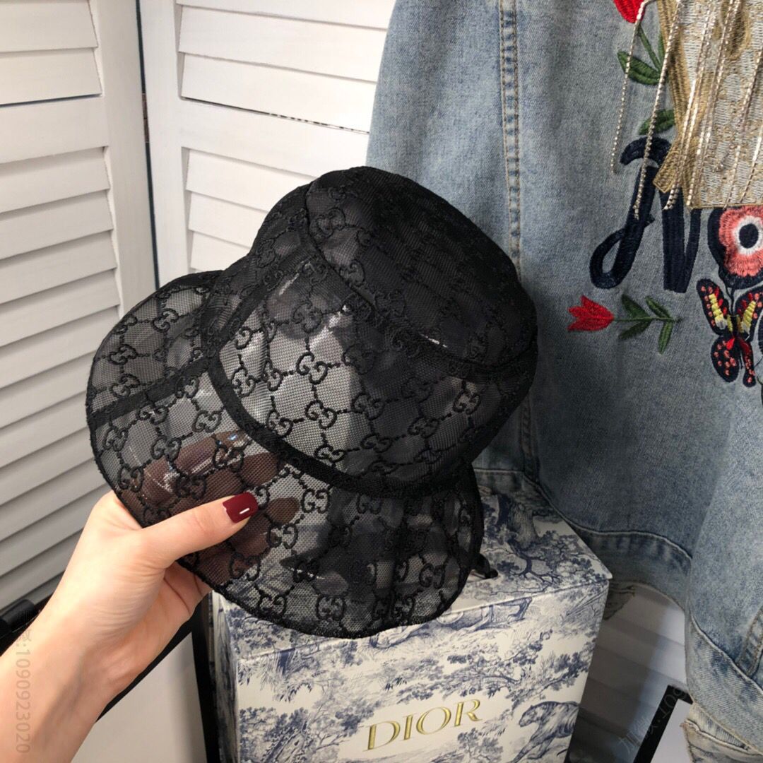 GUCCI古驰网纱面料重工手钉珍珠女士渔夫帽
