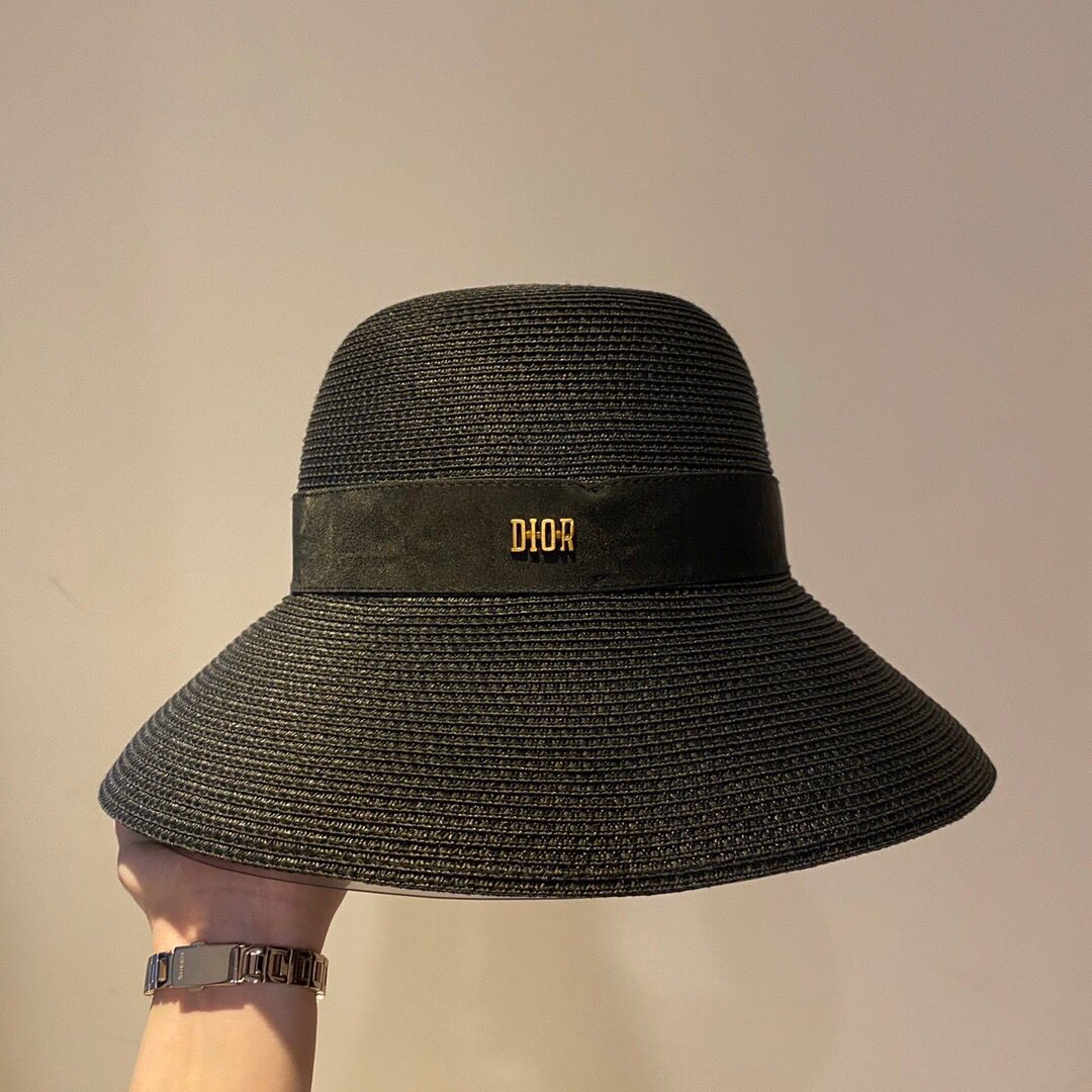 Dior迪奥进口冰丝PP草春夏绒皮装饰织带遮阳帽盆帽礼帽